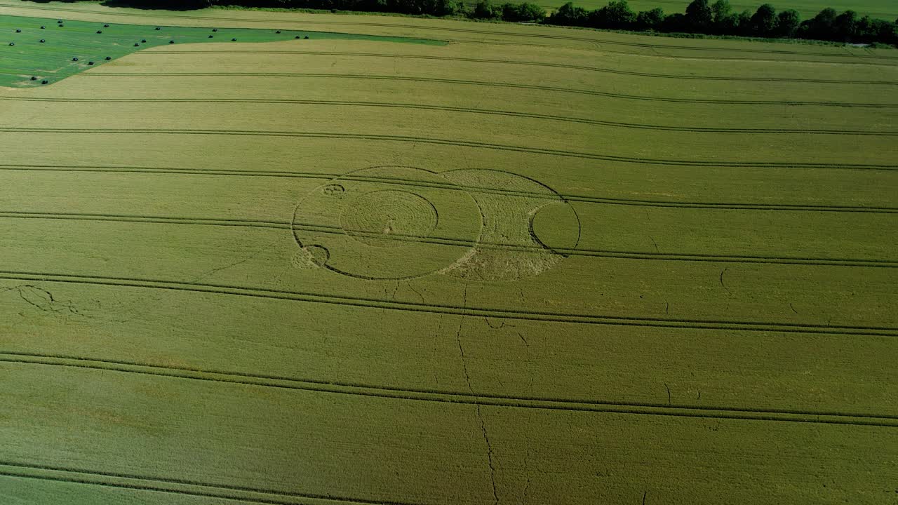 Wiltshire Wootton rivers strange crop circle pattern in green farmland field aerial drone view forward descent
