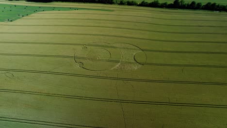 wiltshire wootton rivers strange crop circle pattern in green farmland field aerial drone view forward descent