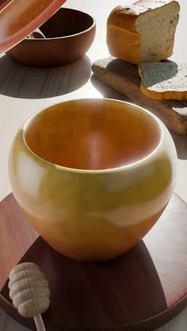 honey pouring into a wooden bowl with bread