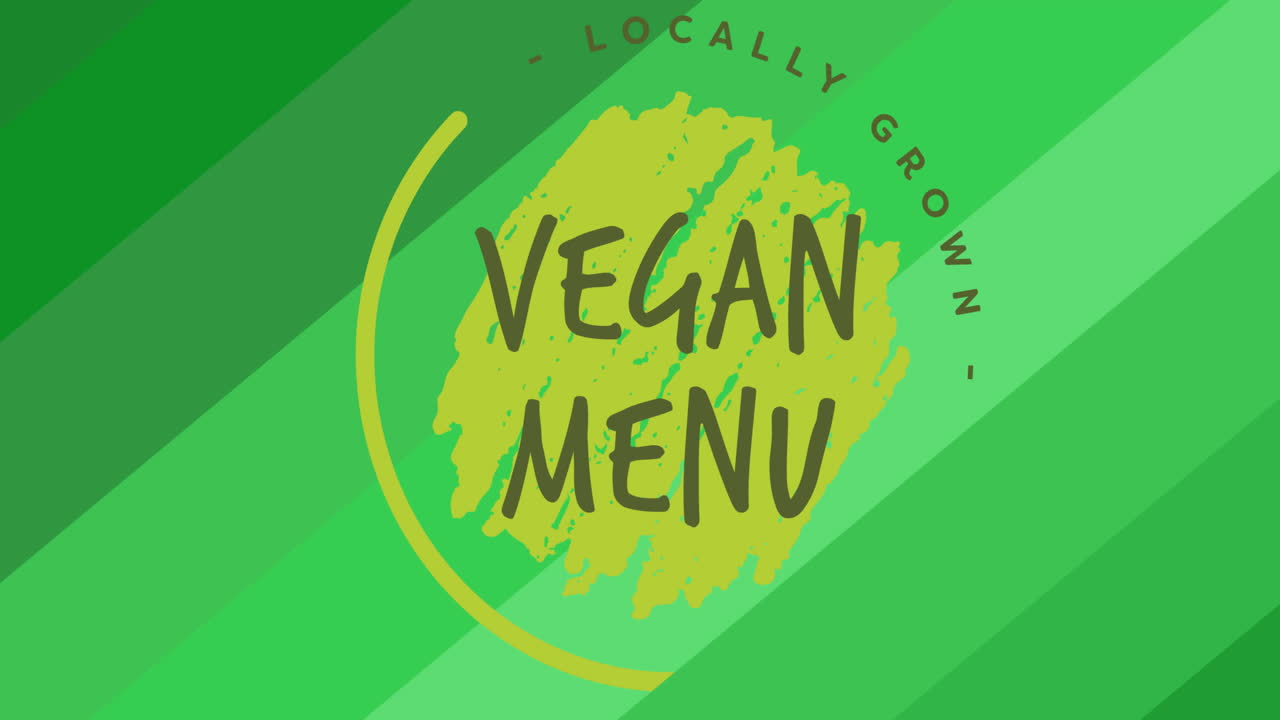 지역적으로 재배 된 채식주의 메뉴 텍스트의 애니메이션 녹색, 녹색 대각선 줄무 위에