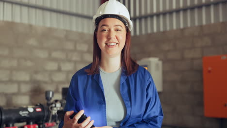 happy woman, face and engineer at warehouse