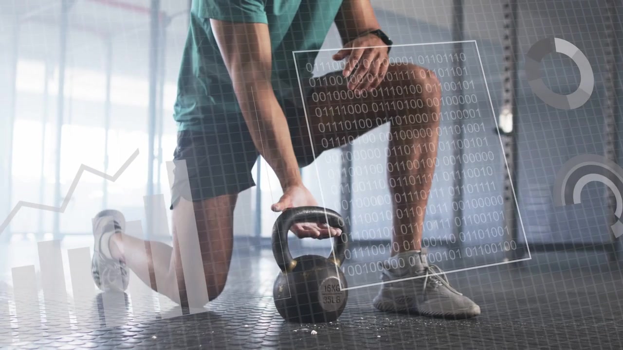Man kneeling rubbing palms, reaching for kettlebell and lifting in gym, HUD overlays analyzing form