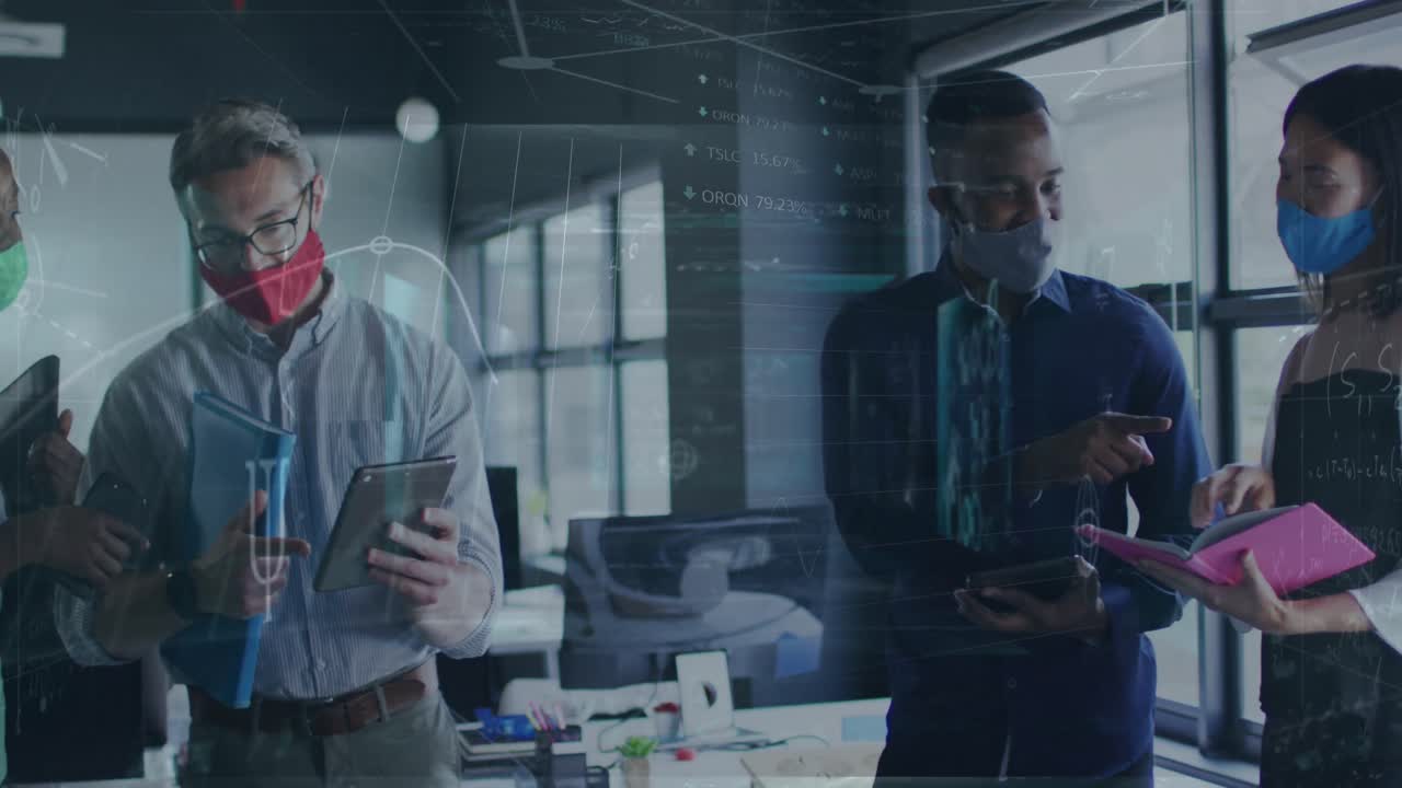 Animation of data processing over diverse business people with face masks using tablets