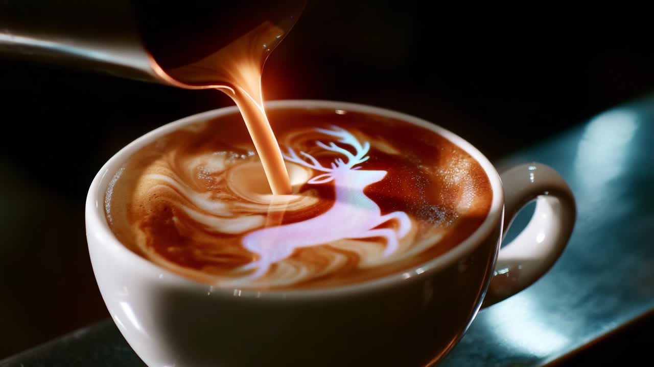 An Artistic Coffee Creation Featuring a Whimsical Deer Design Captured in Two Frames, Showcasing the Beautiful Art of Latte Pouring and Intricate Foam Patterns in a Vibrant Cup of Coffee