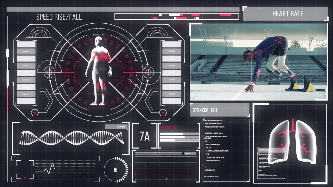 강한 남자가 운동하는 디지털 인터페이스의 애니메이션