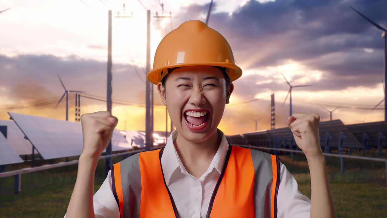 Close Up Of Asian Female Engineer With Safety Helmet Screaming Goal Celebrating Working With Solar Panel and Wind Turbines