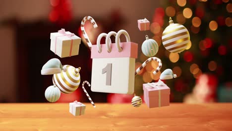 animation of calendar with 1 number date and christmas decorations