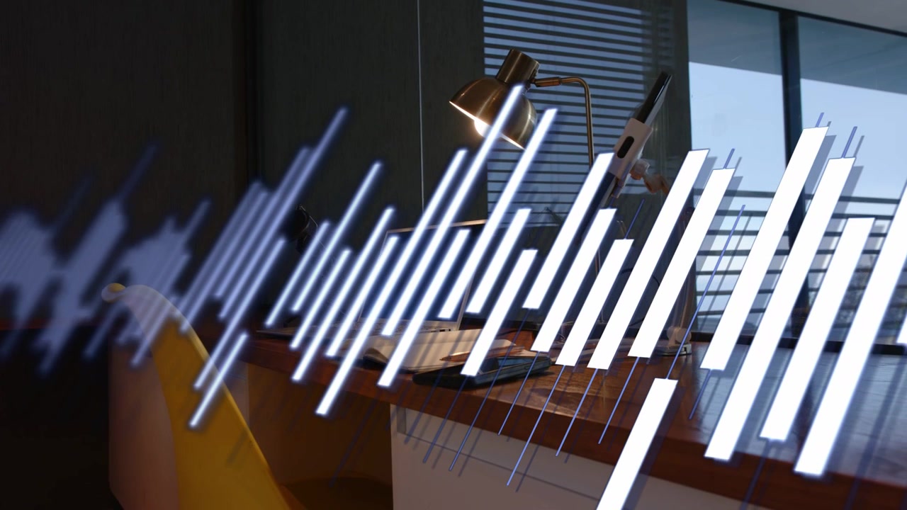 Equalizer bars entering left, sweeping across desk, pulsing, revealing items to create visual focus