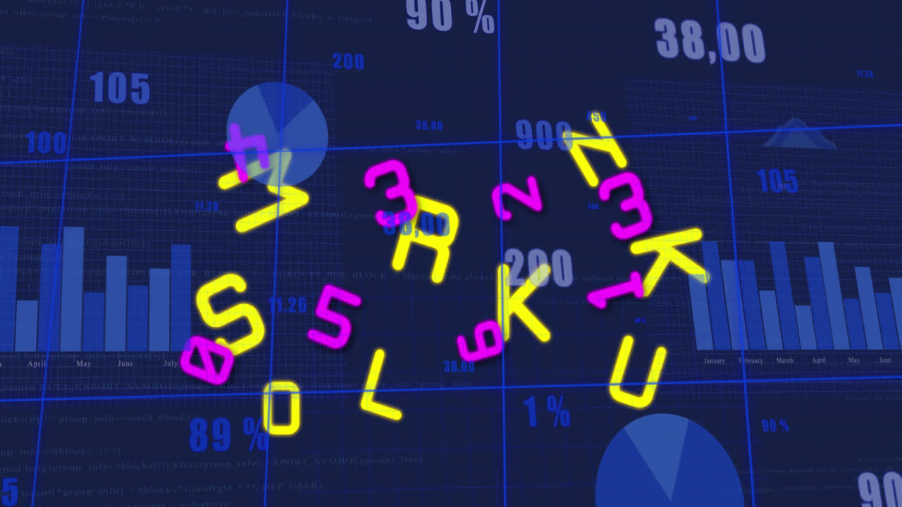 animación de letras, números y procesamiento de datos sobre fondo azul