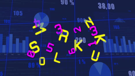animación de letras, números y procesamiento de datos sobre fondo azul