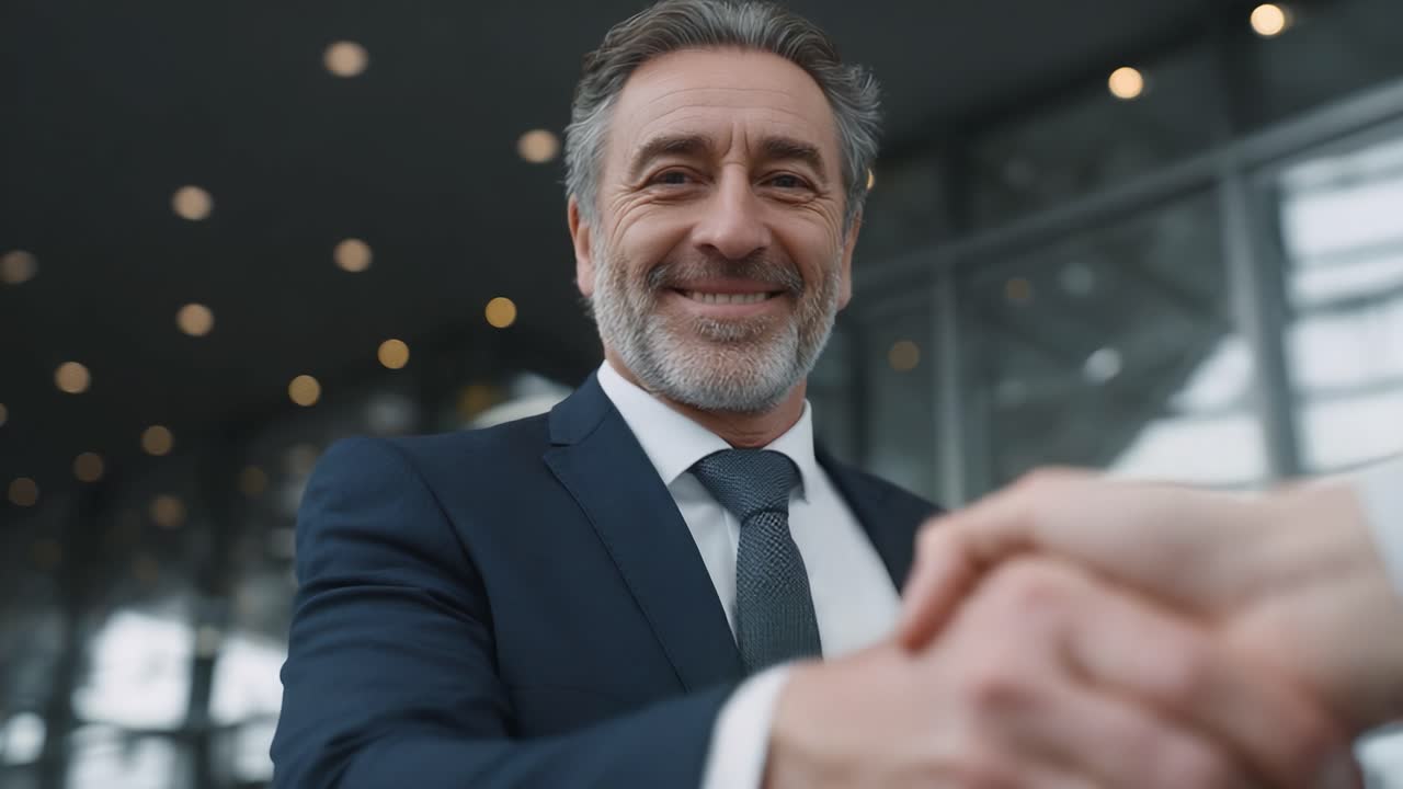 Apretón de manos profesional y sonrisa confiada capturados en un entorno de negocios: Un momento de asociación exitosa entre dos individuos con atuendo formal
