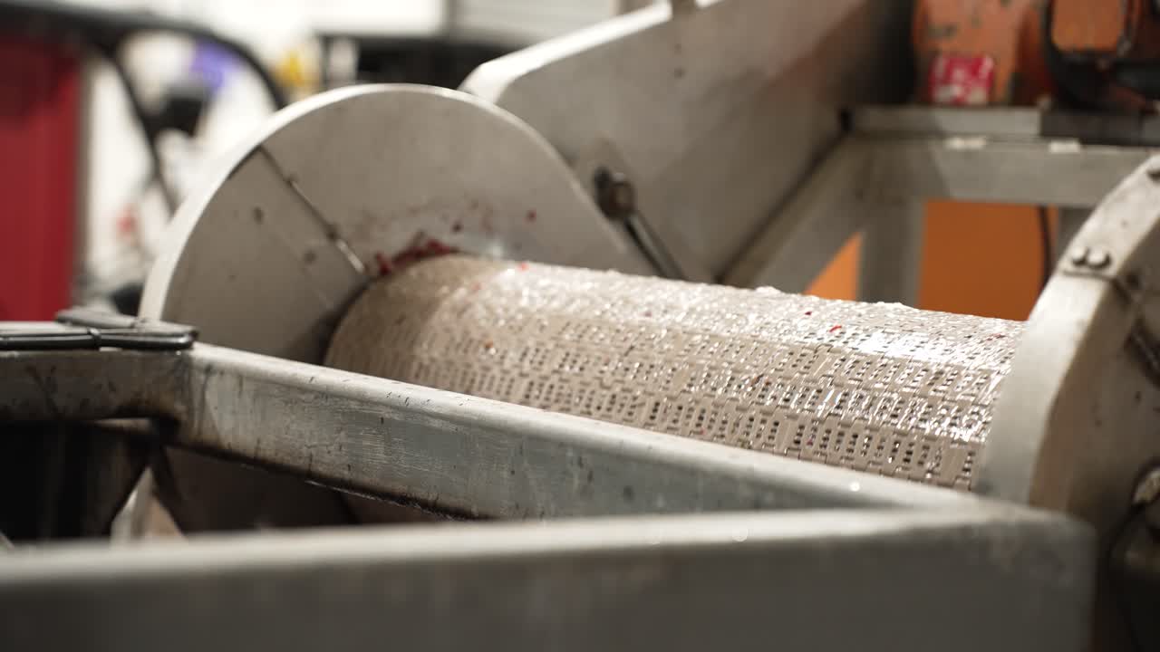공장에서 롤러로 생산 프로세스를 통해 가져가는 딸기