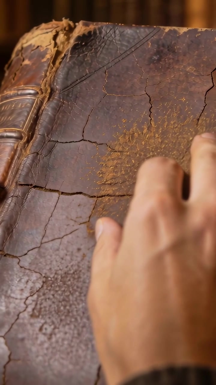Vertical video: Bringing leather book close in study, brown arm tracing spine and leafing, checking