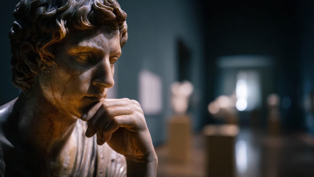 Uno studio approfondito di una scultura pensierosa in una galleria, che cattura la profondità dell'emozione e la maestria artistica nelle antiche rappresentazioni dell'umanità.