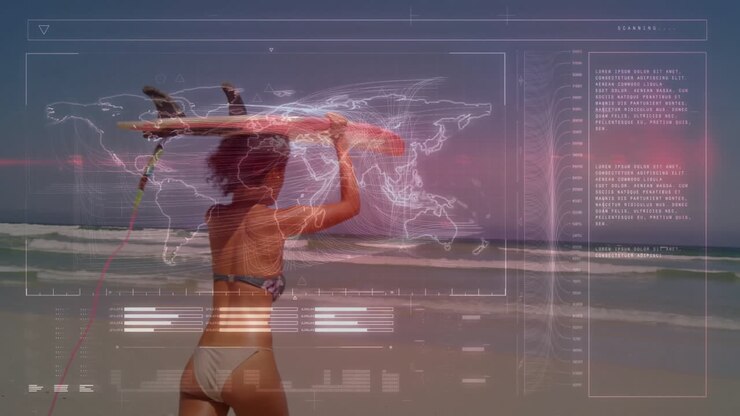 Female surfer holding surfboard above head on beach, with tech HUD displaying world map and charts