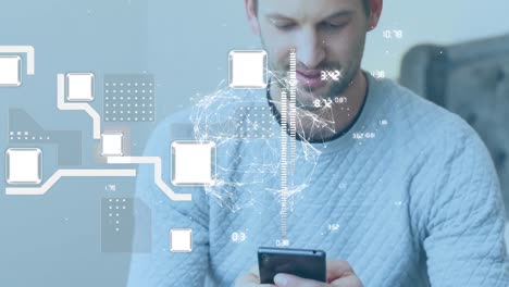 Animation-Des-Globus-Und-Der-Datenverarbeitung-über-Einem-Kaukasischen-Mann-Mit-Smartphone