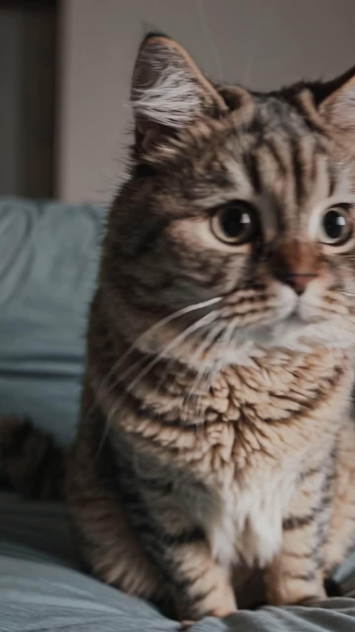 un adorable gato marrón en una cama