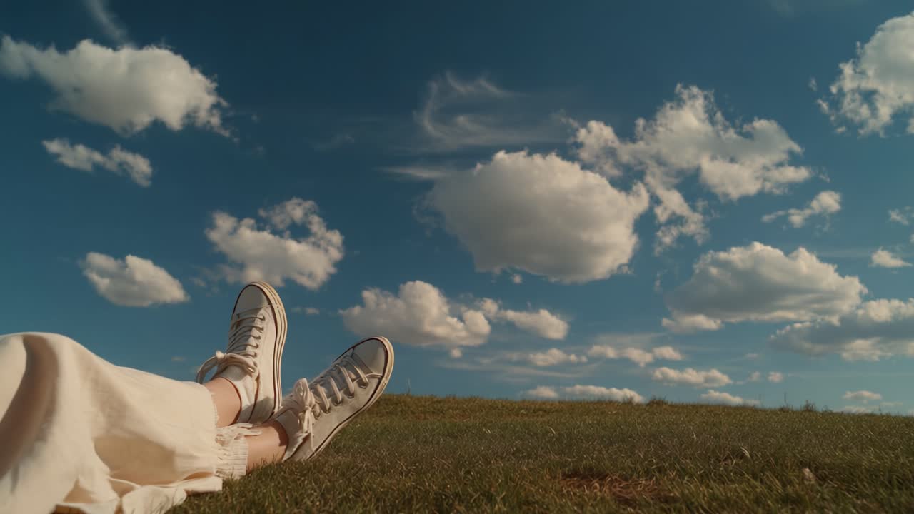 Relaxing under the Azure Sky: A Serene Moment Captured with Feet on the Grass Surrounded by Fluffy White Clouds