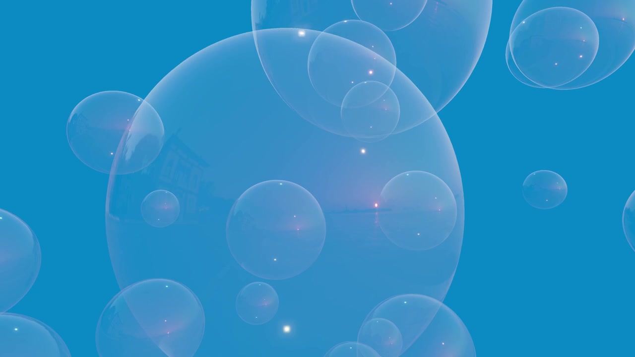 Clear iridescent bubbles drift slowly upward across a vibrant blue backdrop in smooth organic motion