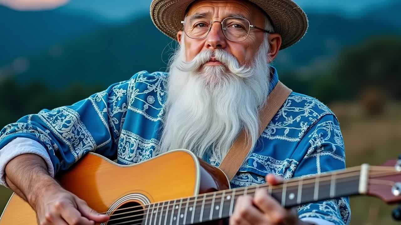 A man with a long white beard playing an acoustic guitar