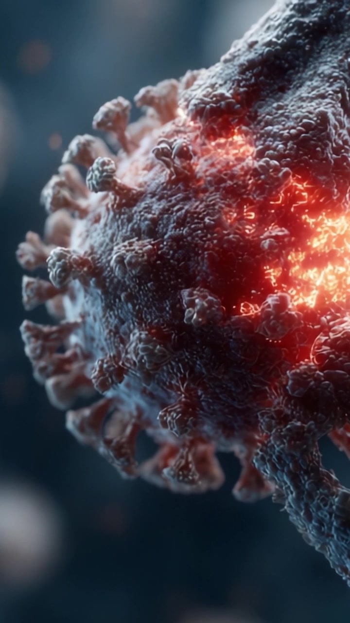 Visualizzazione Dettagliata di un Virus con Caratteristiche Superficiali Dinamiche e Strutture Intricate Catturate in Due Fotogrammi che Enfatizzano il Colore e la Profondità Tessiturale