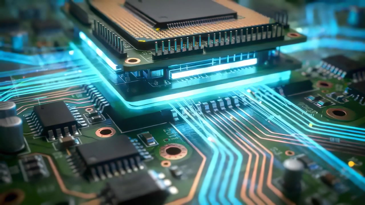 Pulsing cyan lines causing processor stack glowing at PCB closeup with lit spacer showing data flow