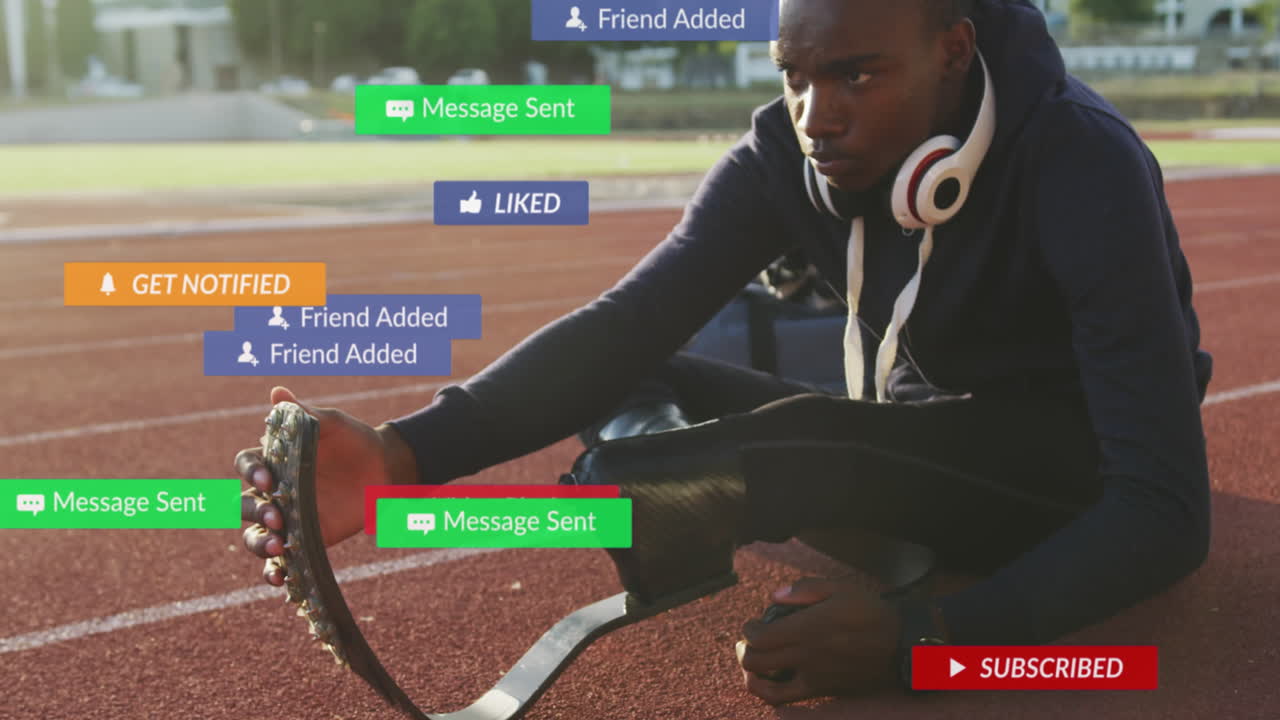 Animation of text in notification bars over african american athlete stretching in race track