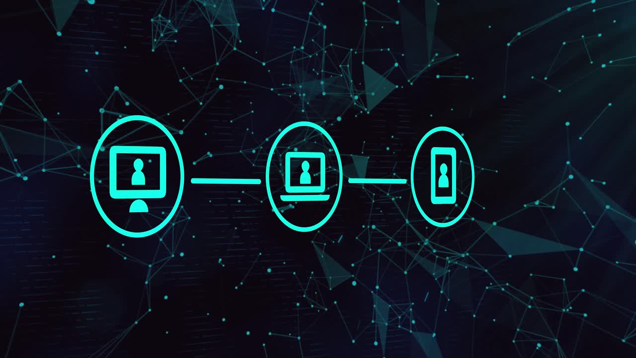 animación de iconos tecnológicos sobre fondo negro con conexiones y formas