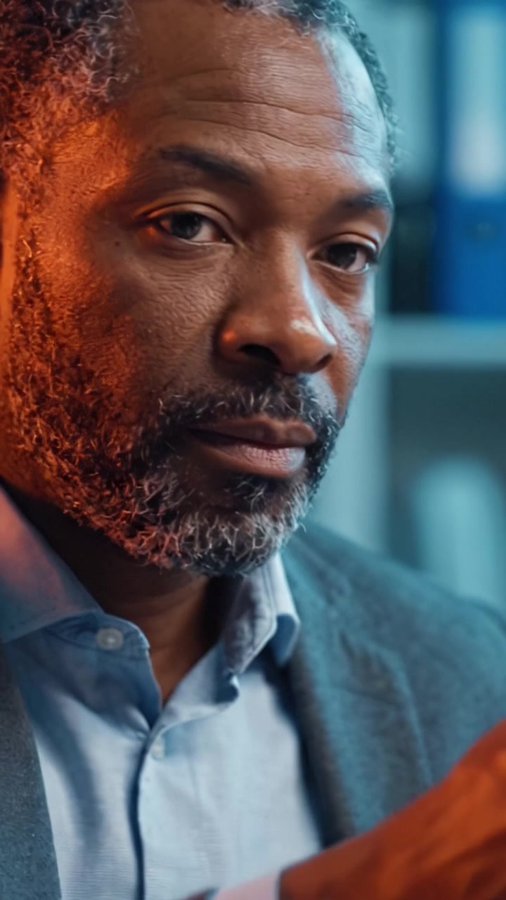 A Thoughtful Man Contemplating in a Modern Workspace, with Soft Lighting Creating a Warm Ambiance, Reflecting Focus and Introspection in an Office Environment