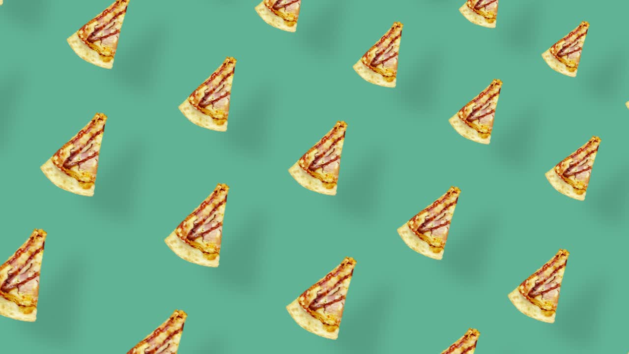 그림자와 함께 초록색 배경에 고립 된 피자의 다채로운 패턴, 피자 조각과 함께 원활한 패턴,  뷰, 현실적인 애니메이션, 4k 비디오 모션