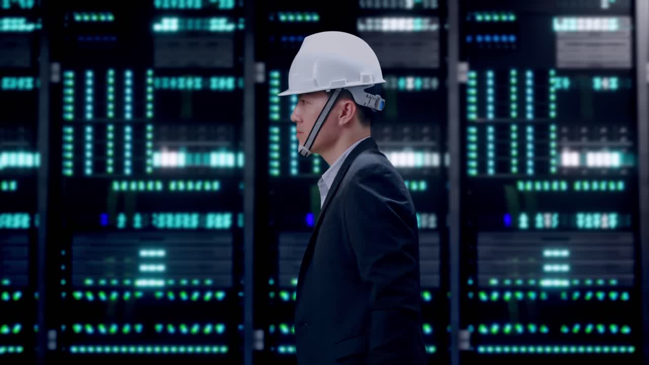 Vista laterale di un uomo d'affari asiatico che cammina in una sala server di un data center.