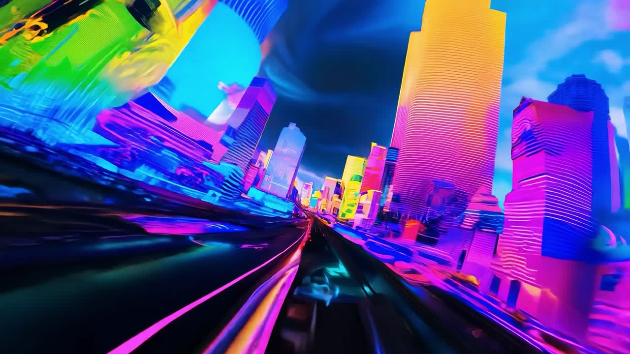 추상적인 모션 블러는 도시 드라이브의 활기찬 색을 포착하여 도시 교통의 역동적인 에너지를 보여줍니다.