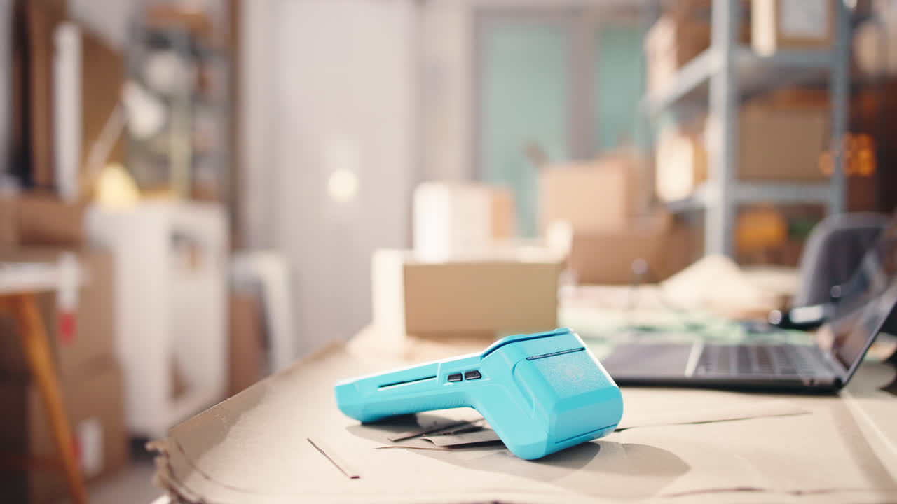 Modern Portable Thermal Printer on Desk in Warehouse