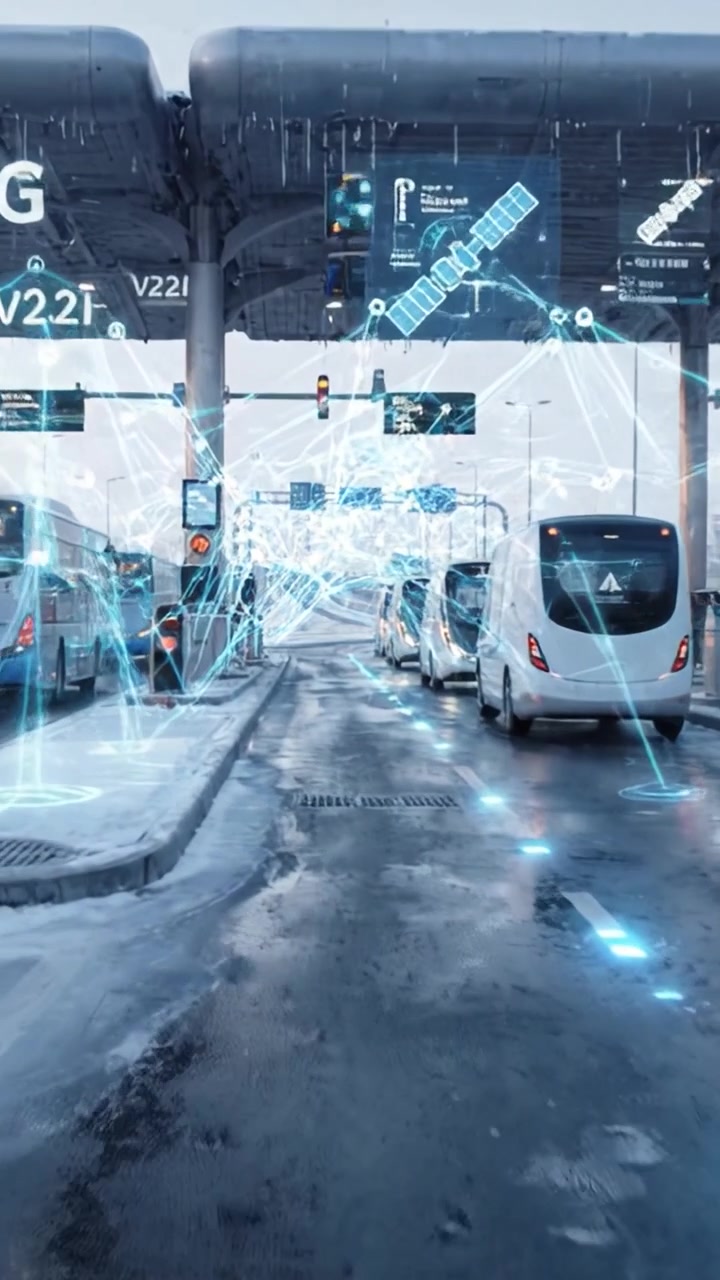 Hub di trasporto futuristico: Veicoli smart che percorrono strade ghiacciate con potenziamenti digitali e semafori moderni in un paesaggio invernale