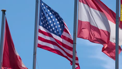 flags waving in piedmont, italy, on a sunny day