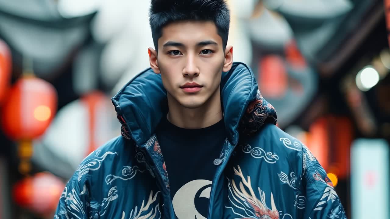 드래곤 디자인의 파란색 재을 입은 젊은 남자