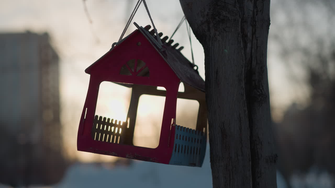 Close up of miniature house hanging on tree with sun glow in background, green lens flare, blurred winter urban background, red wooden house silhouette creating peaceful winter atmosphere