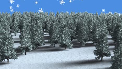 Multiple-trees-on-winter-landscape-over-snowflakes-falling-against-blue-background