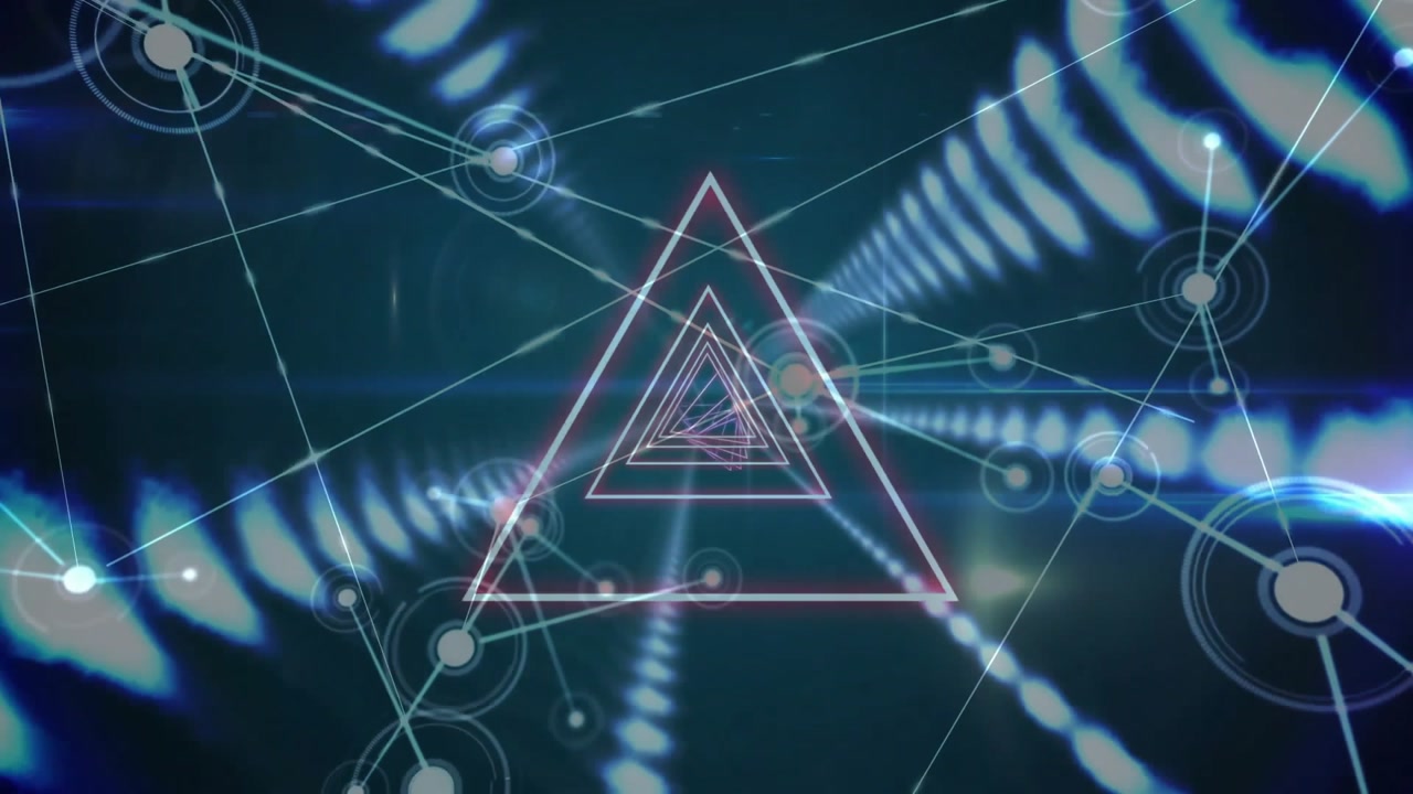 Nested wireframe triangles forming vanishing tunnel showing glowing nodes connecting network lines