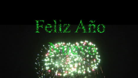 Animation-of-feliz-ano-text-and-fireworks-exploding-on-black-background