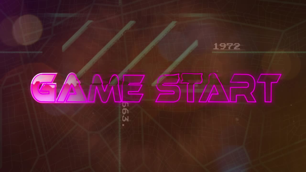 Animation of game start text over data processing on black background