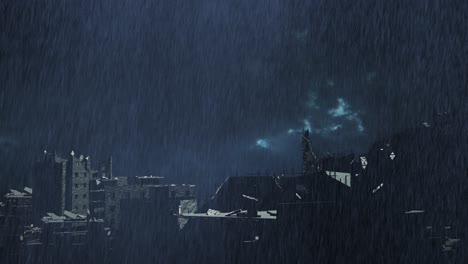 ciudad en ruinas bajo una noche tormentosa