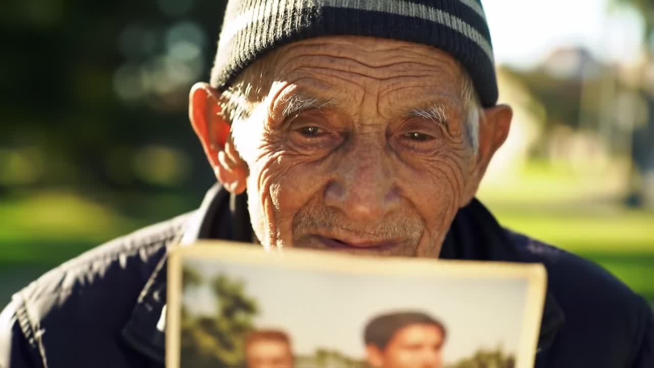 An Elderly Man Reflecting on Nostalgia, Gazing Fondly at a Cherished Photograph That Evokes Memories of Youth and Connection with Family and Friends