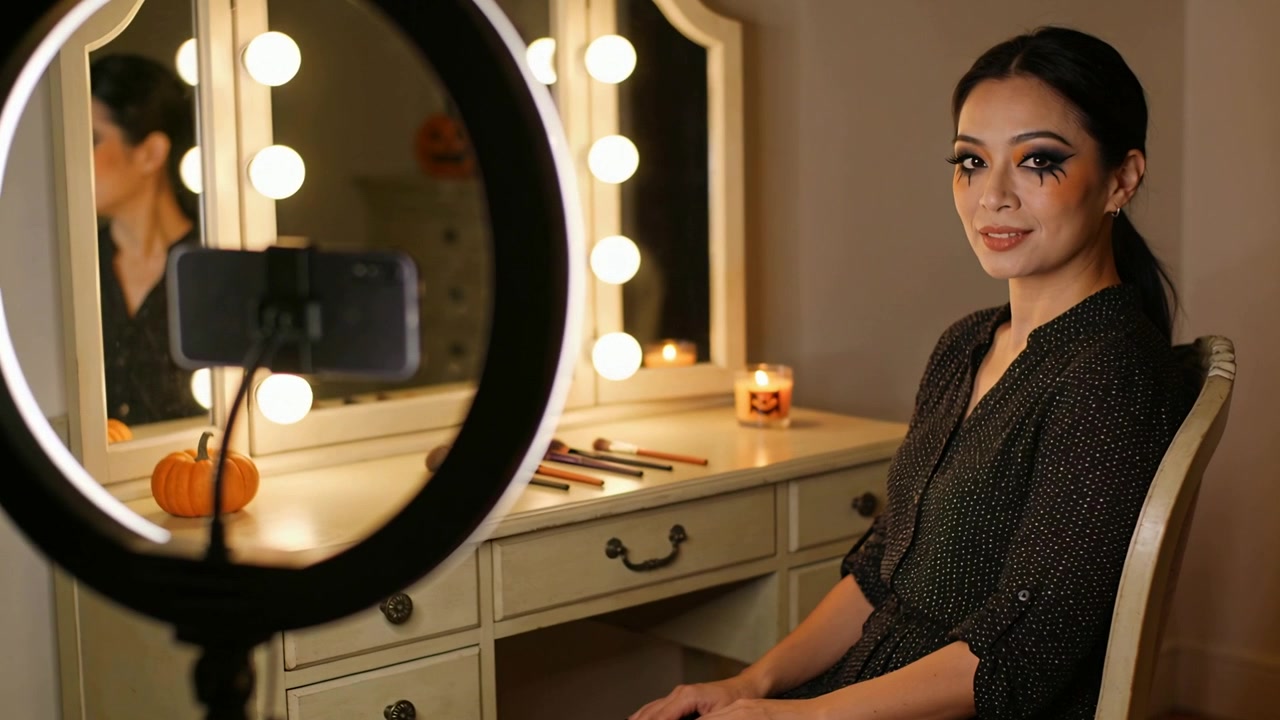Showcasing woman in dark blouse showing Halloween makeup, phone on ring light recording at vanity