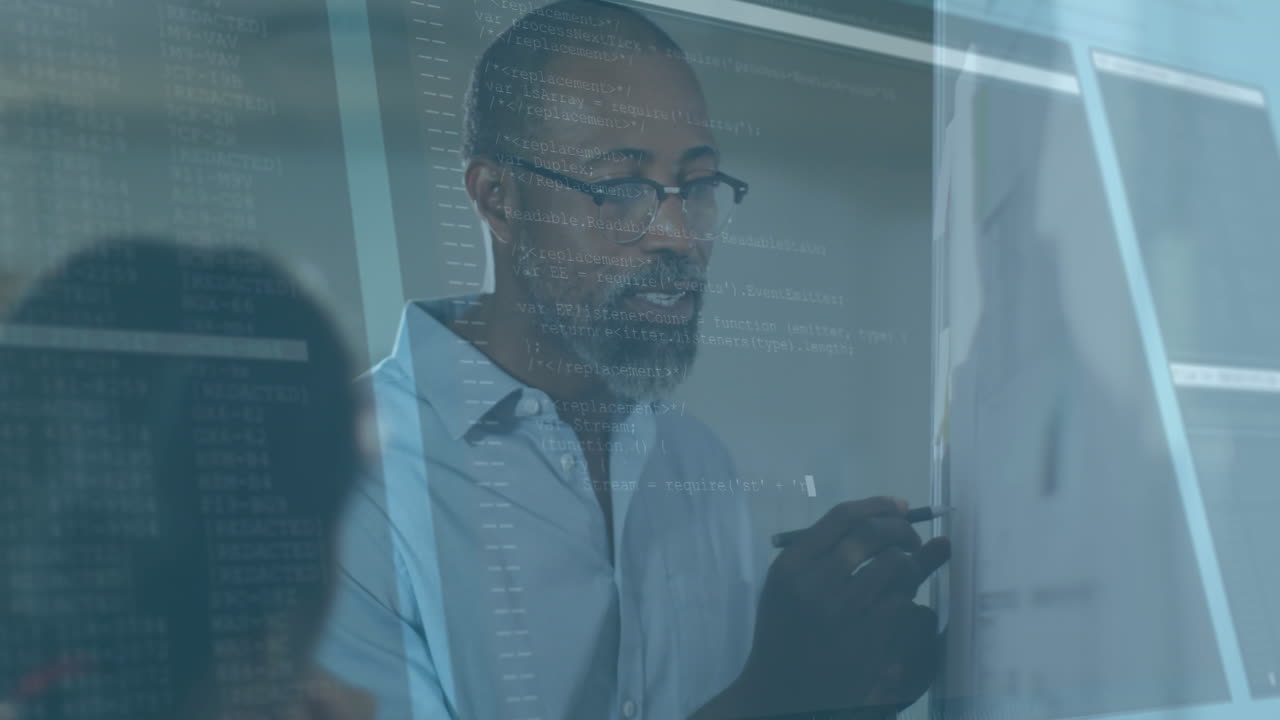 Animation of data processing over business people discussing in office