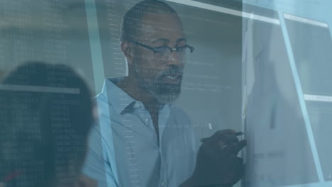 animation of data processing over business people discussing in office