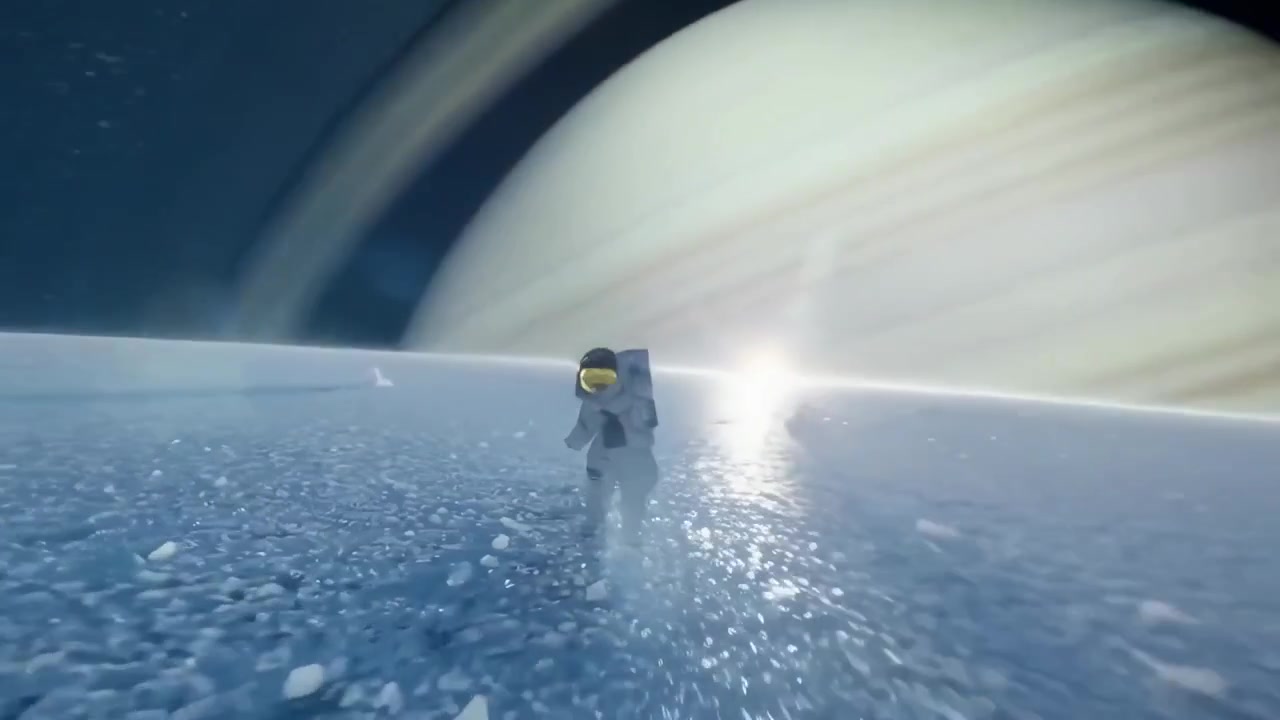 宇航员行走在外星球冰面上，背景是土星状环形行星