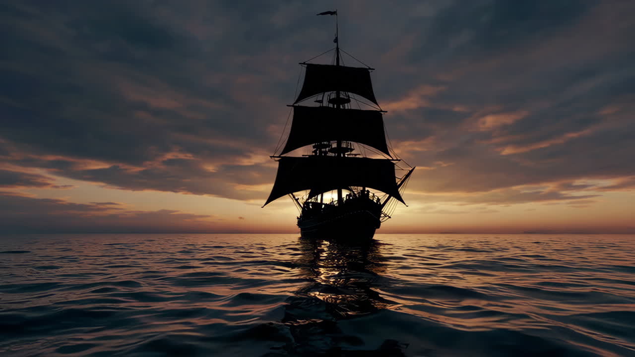 Silhouette of a majestic sailing ship at sunset