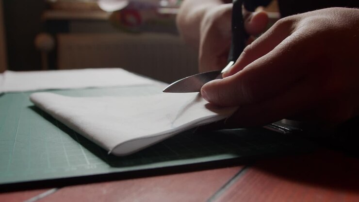 Folded fabric is cut on a table with scissors.