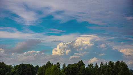 Time-lapse-of-thick-fluffy-clouds-growing-and-swirling-in-sky-above-forest